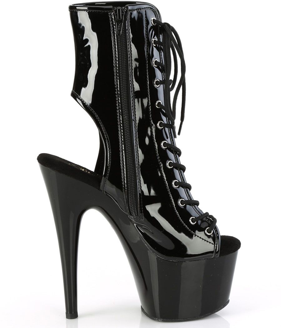 Bottines femme Pleaser à plateforme, bout ouvert, noir vernis, sexy et élégantes.