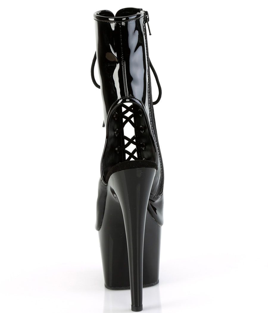 Bottines femme Pleaser à plateforme, bout ouvert, noir vernis, sexy et élégantes.