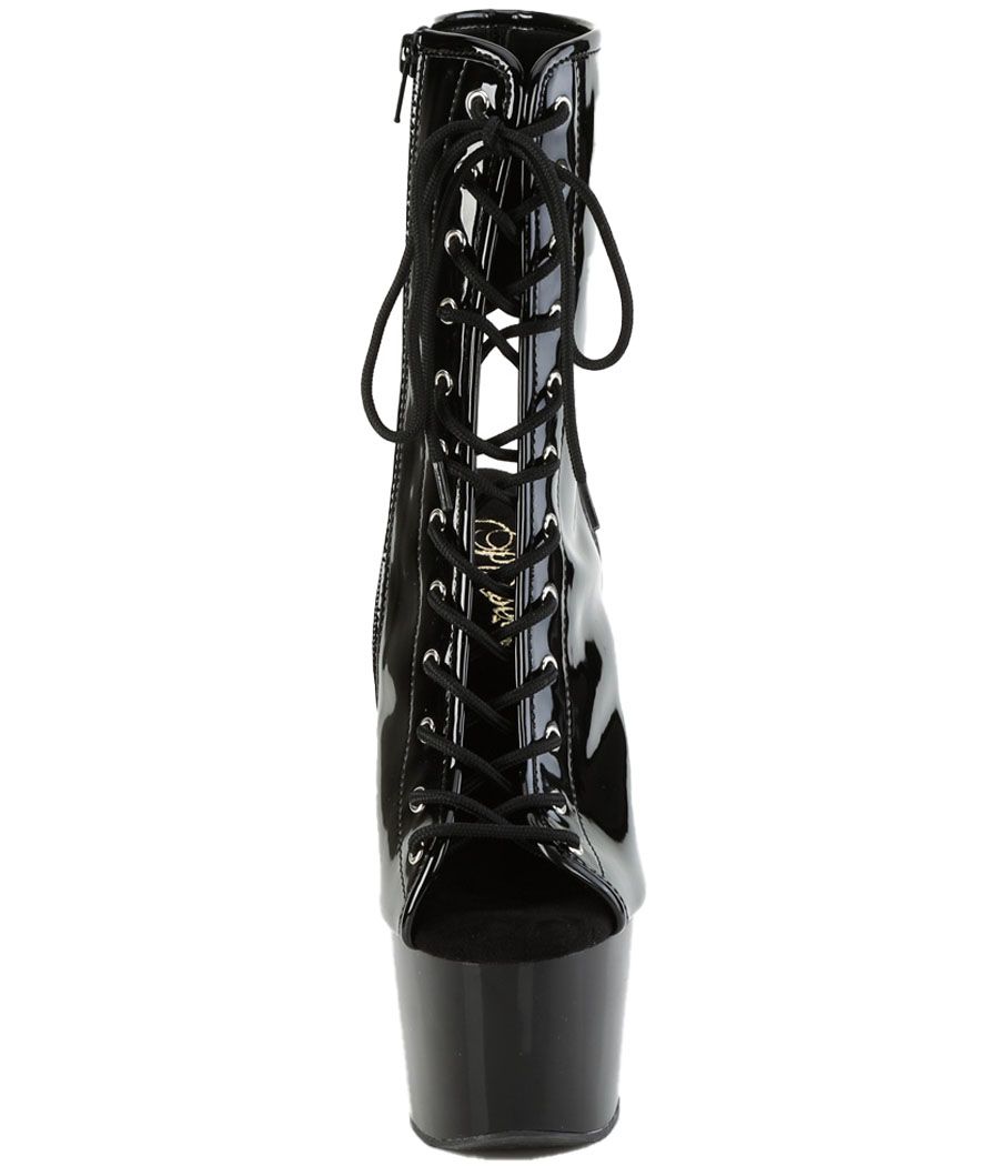 Bottines femme Pleaser à plateforme, bout ouvert, noir vernis, sexy et élégantes.