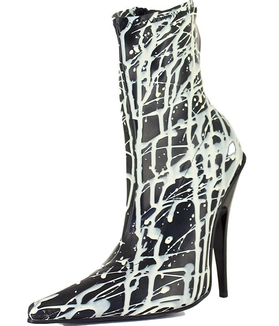 Bottines femme en latex noir et blanc à imprimé zèbre, talon aiguille, Hussy