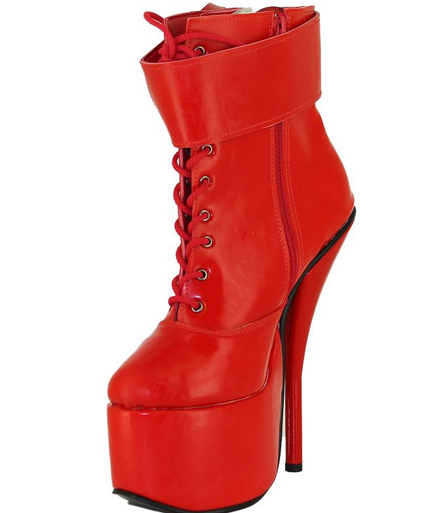 bottines en latex rouge, chaussures femme sexy, talon plateforme, chaussures fétiche, bottines Hussy