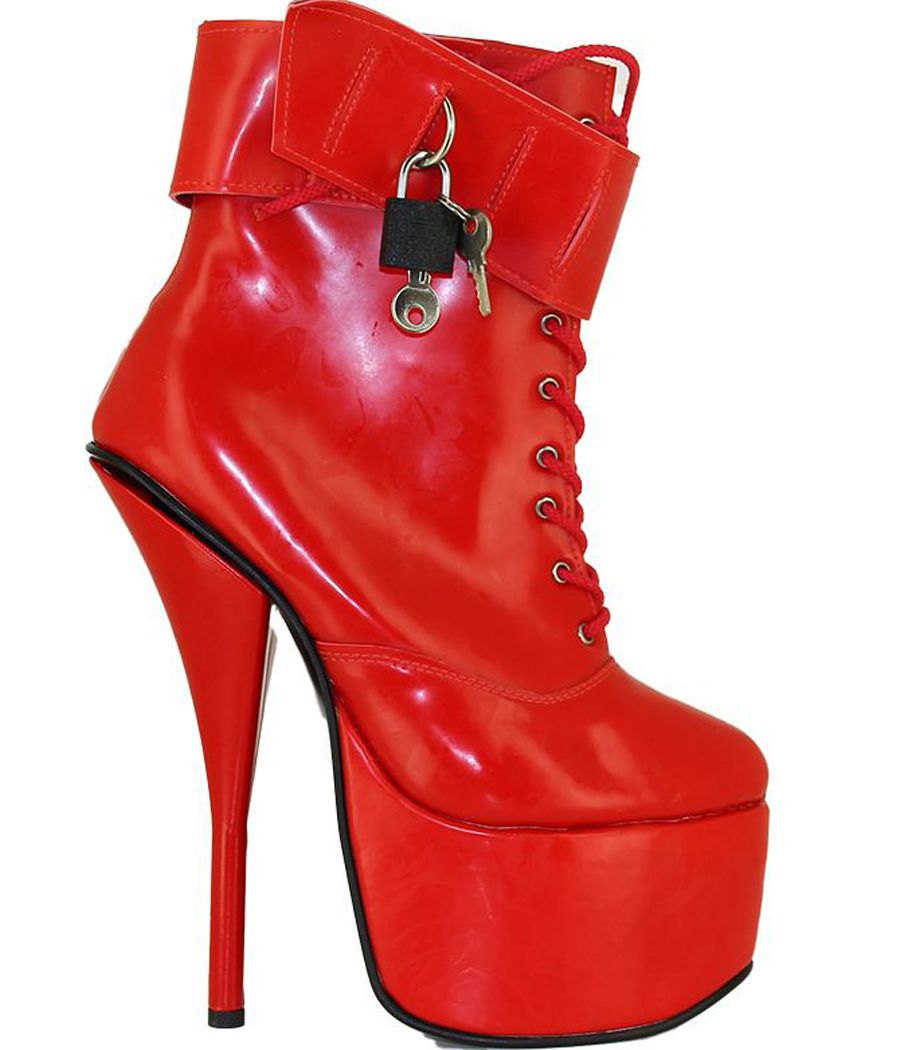 bottines en latex rouge, chaussures femme sexy, talon plateforme, chaussures fétiche, bottines Hussy