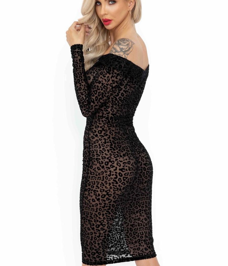 Robe courte léopard manches longues Noir Handmade