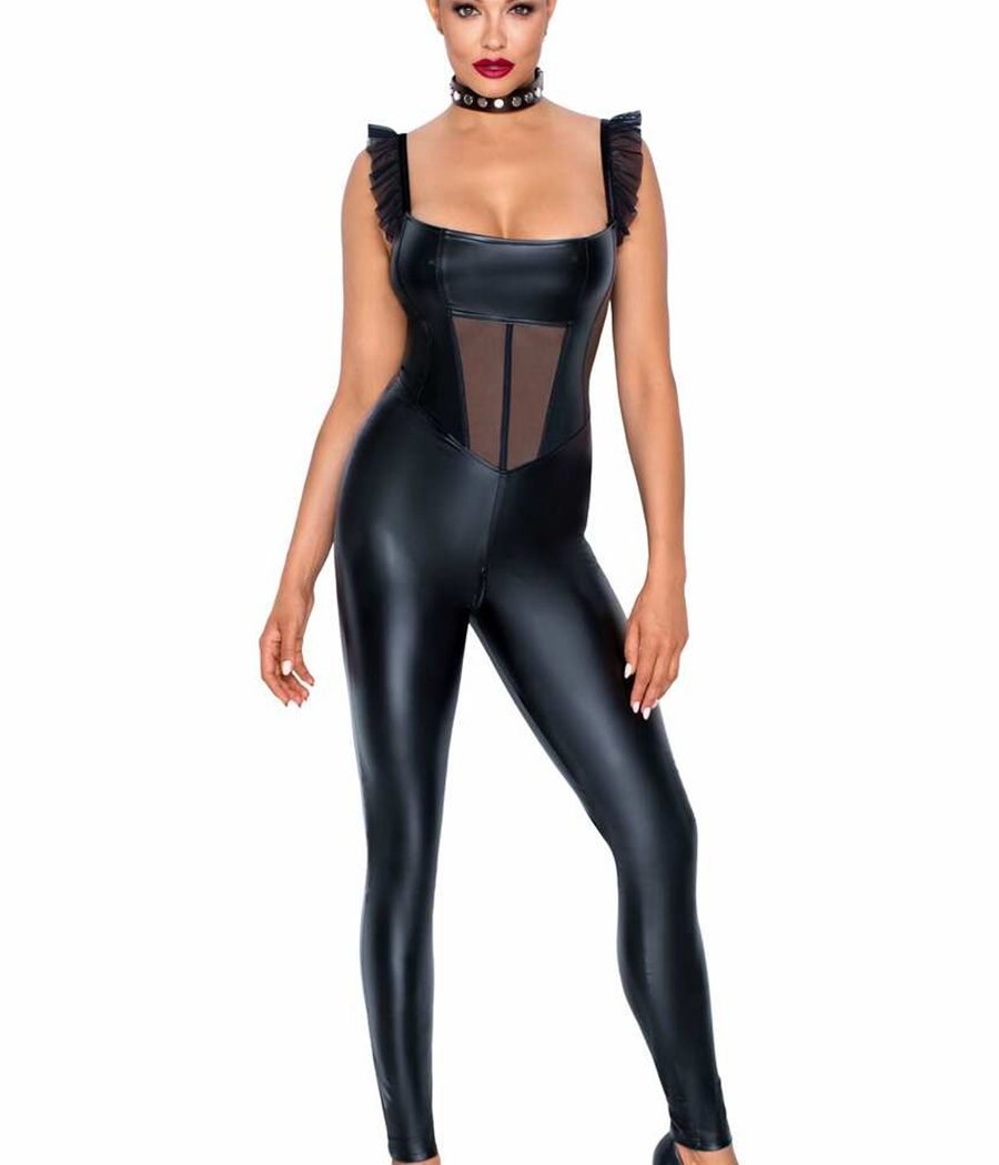 Catsuit wetlook noir sans manches