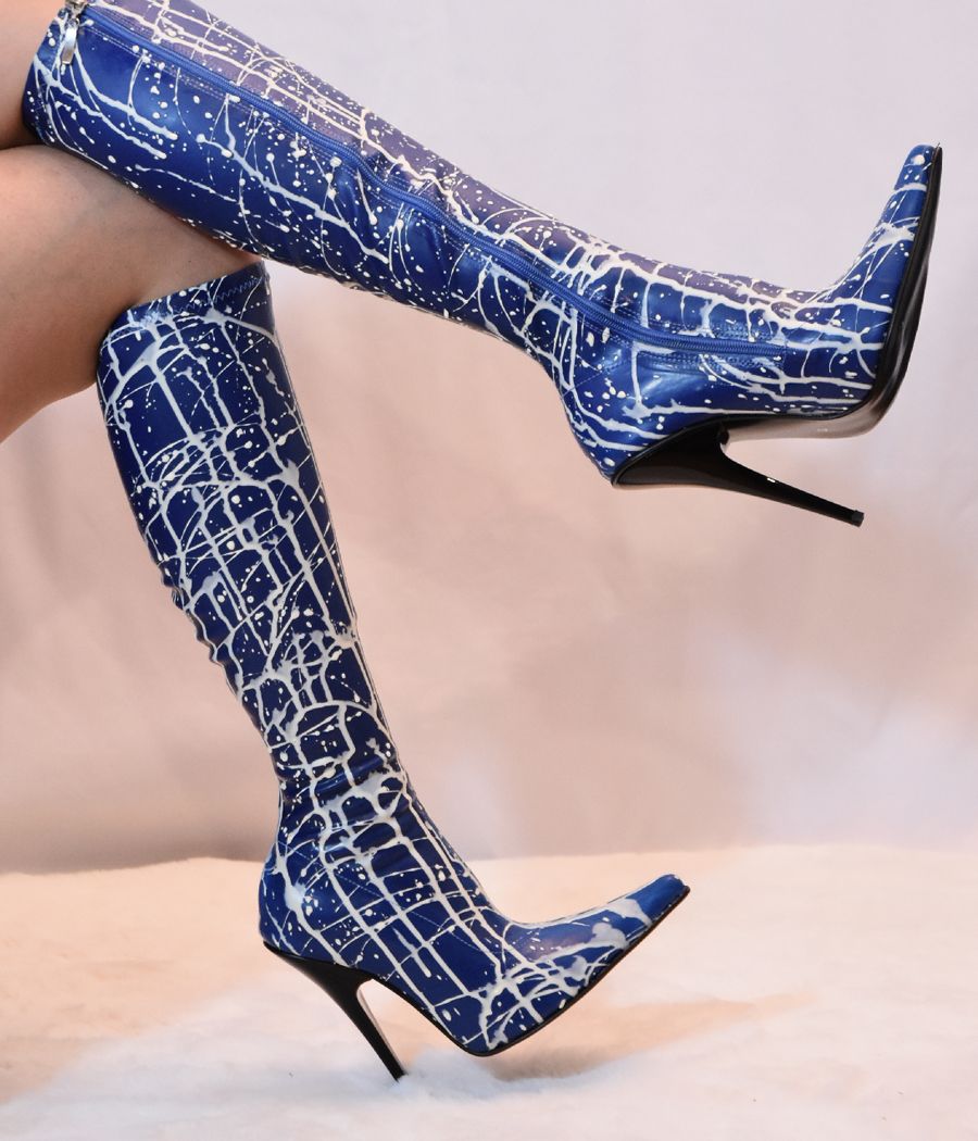Bottes latex bleu talon haut