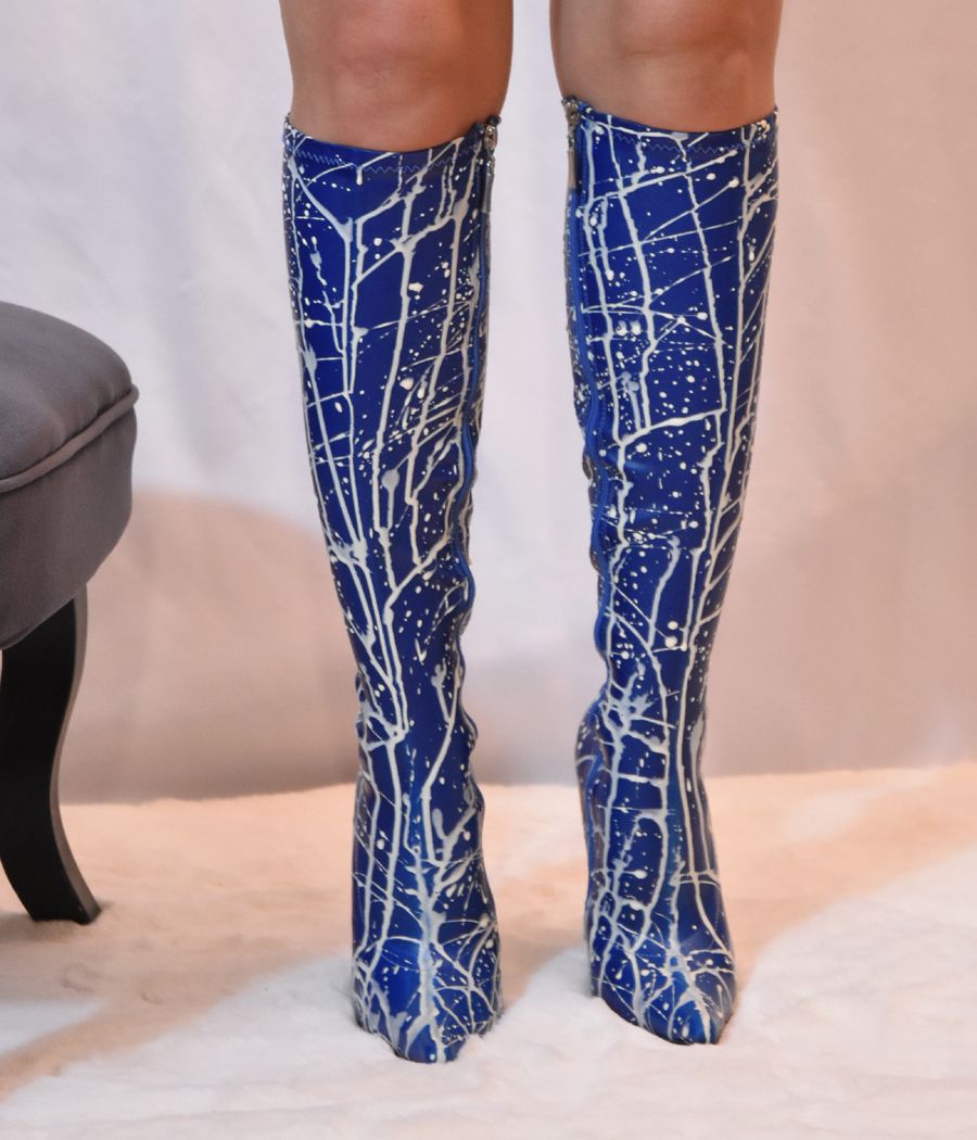 Botte sexy latex érotique Hussy bleu blanc.