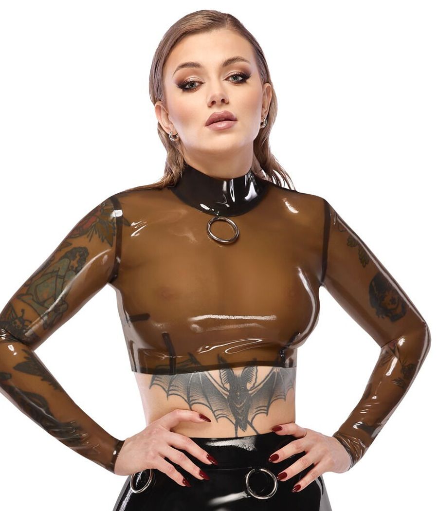 Top court latex fumé transparent, manches longues, col officier.