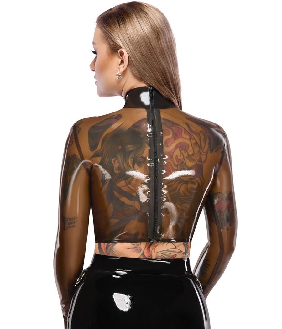 Tenue fétiche top latex fumé, style sexy, dos zippé.