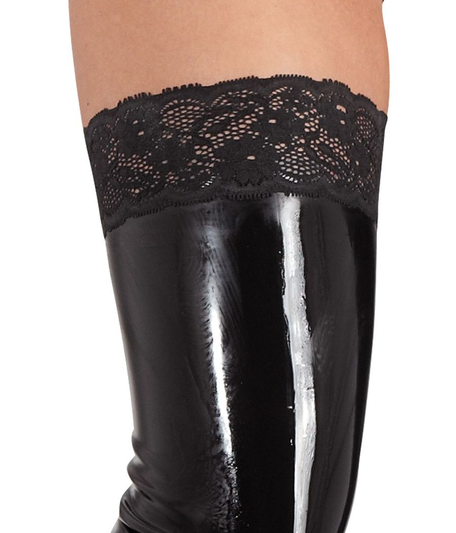 Bas latex sexy avec finition aspect dentelle.