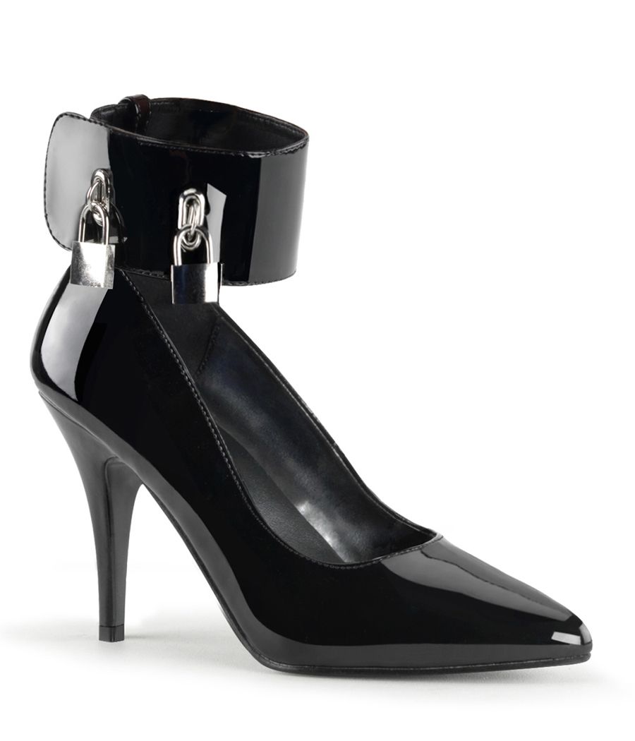 Escarpin Pleaser Vanity-434 noir verni, bride cadenas.
