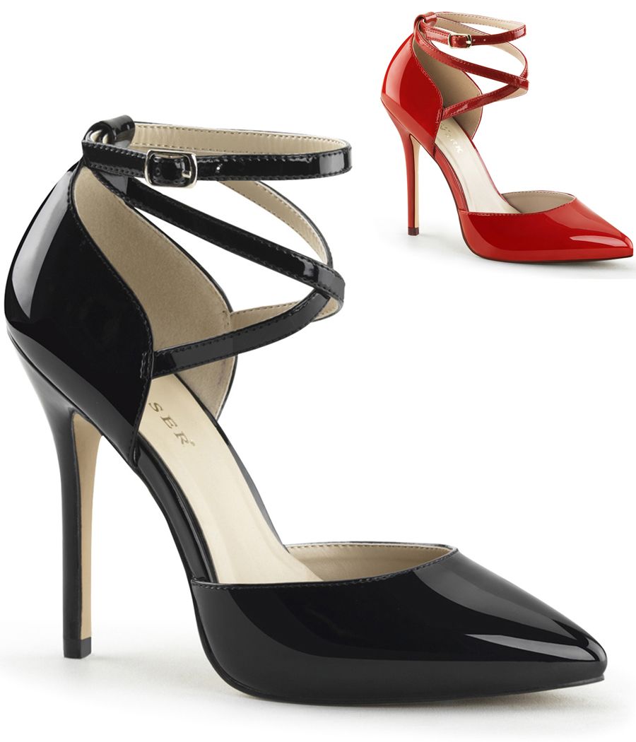 Escarpin Pleaser Amuse-25 noir ou rouge verni, brides croisées.