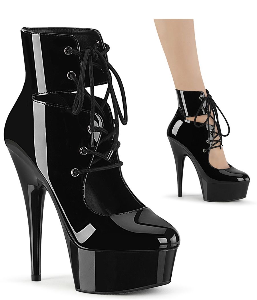 Bottine Pleaser DELIGHT-600-22 noir verni, talon aiguille 15cm.