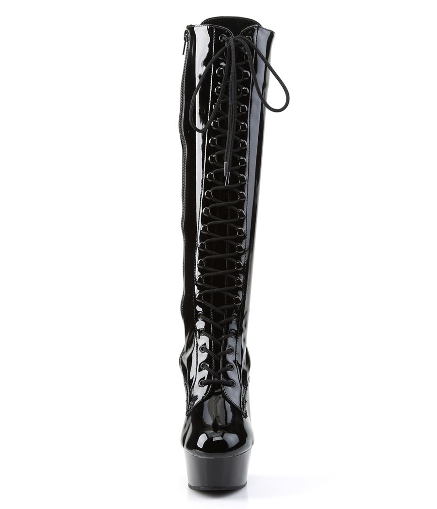 Bottes Pleaser DELIGHT-2023 en noir vernis, sur fond blanc.