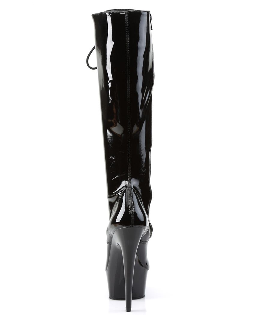 Bottes Pleaser DELIGHT-2023 en noir vernis, sur fond blanc.