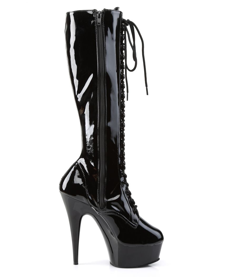 Bottes Pleaser DELIGHT-2023 en noir vernis, sur fond blanc.