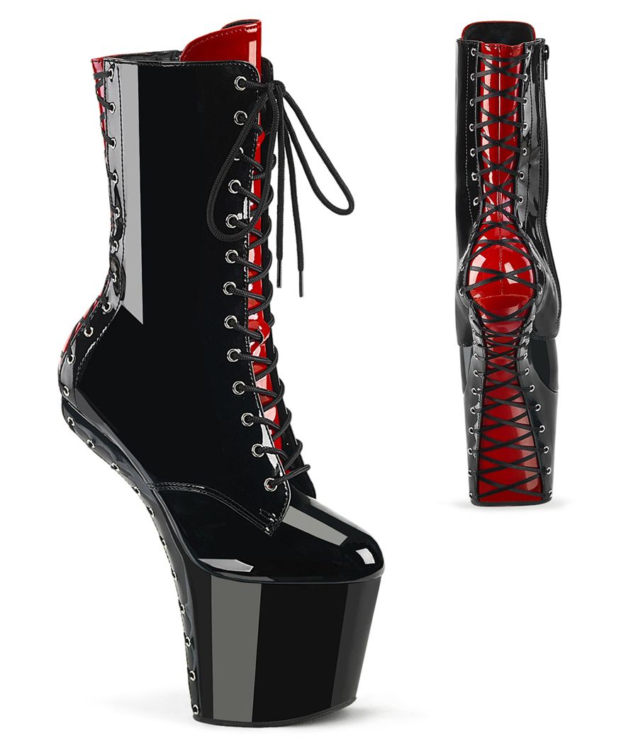 Bottines Pleaser CRAZE-1040FH heelless noir rouge vernis.