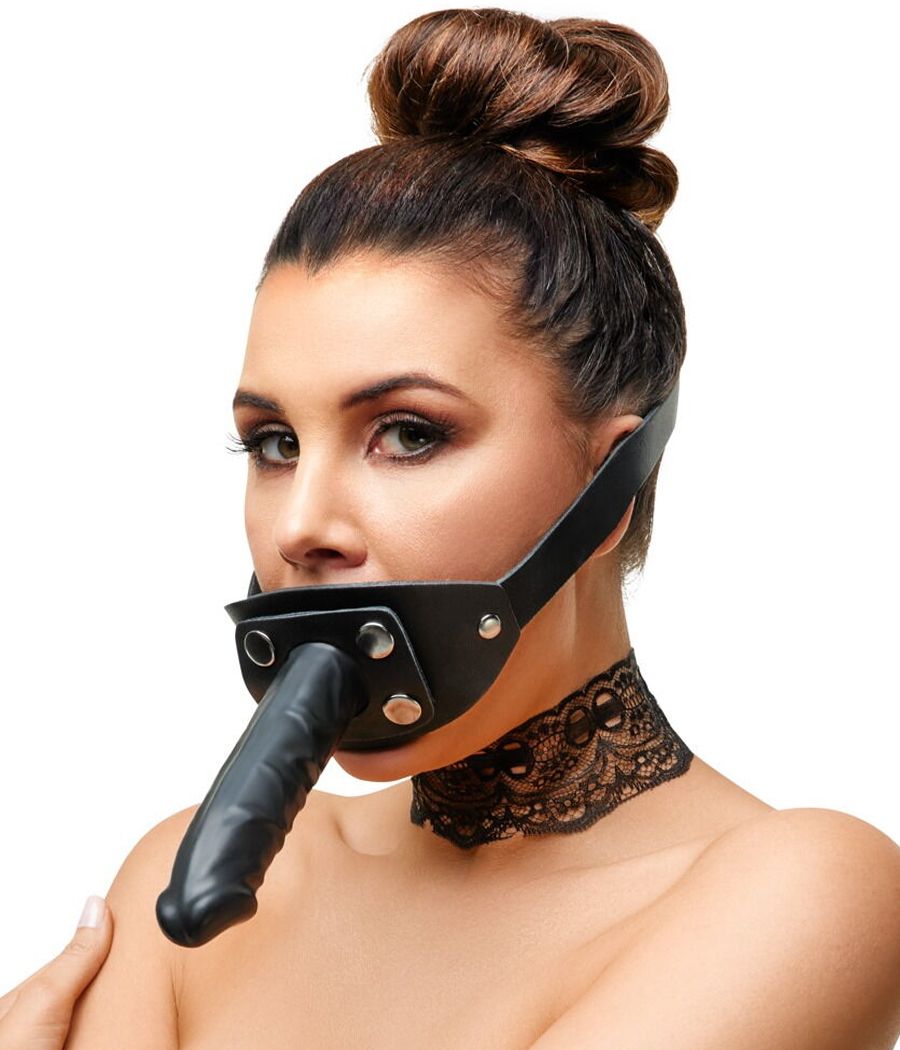 Bâillon gode BDSM en cuir noir et latex, Zado Bâillon gode BDSM en cuir noir et latex, Zado