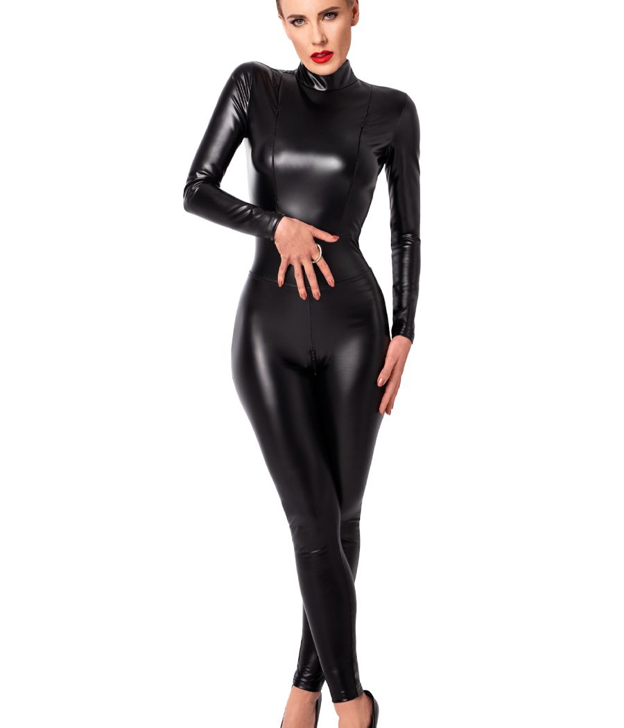 Catsuit wetlook Noir Handmade moulante avec zips fonctionnels.