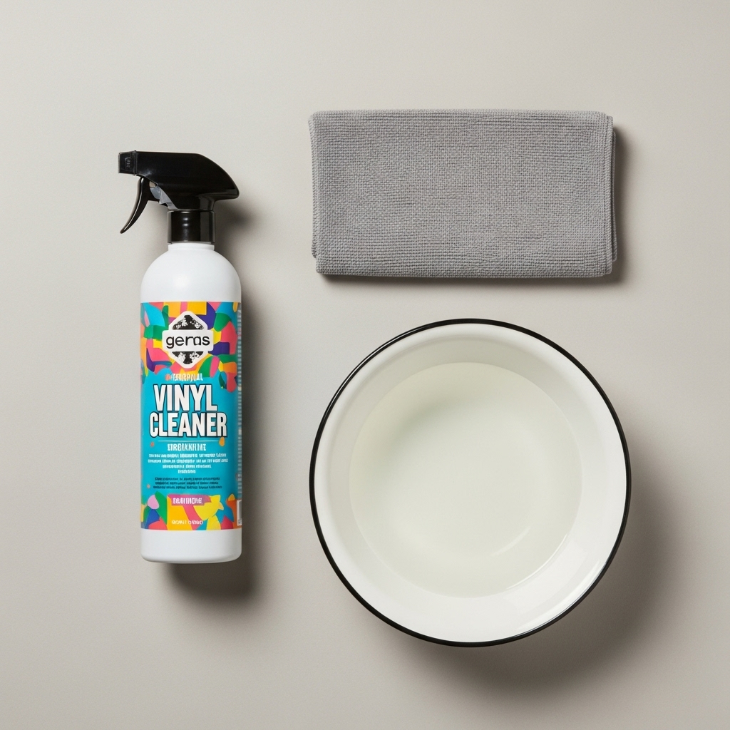 Matériel essentiel pour nettoyer le vinyle : nettoyant spécifique, chiffons et bassine