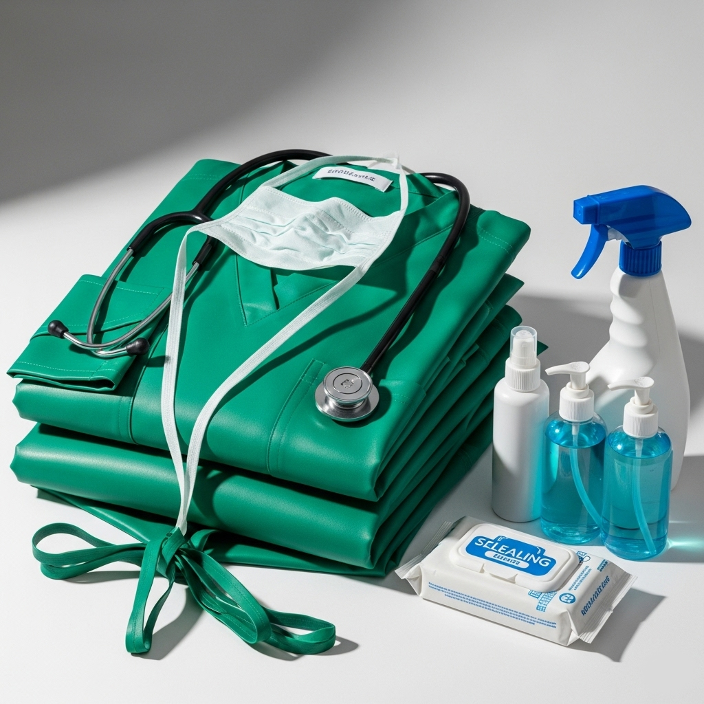 Tenue de docteur ou infirmière en latex médical (vert) pliée avec soin, et produits de nettoyage.