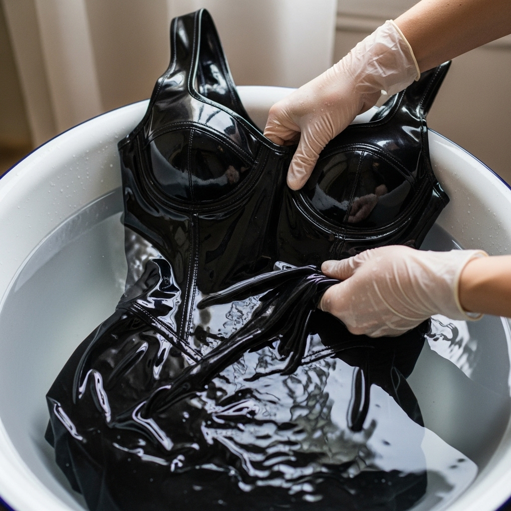 Lavage délicat d'une pièce en latex dans une bassine pour un nettoyage en profondeur