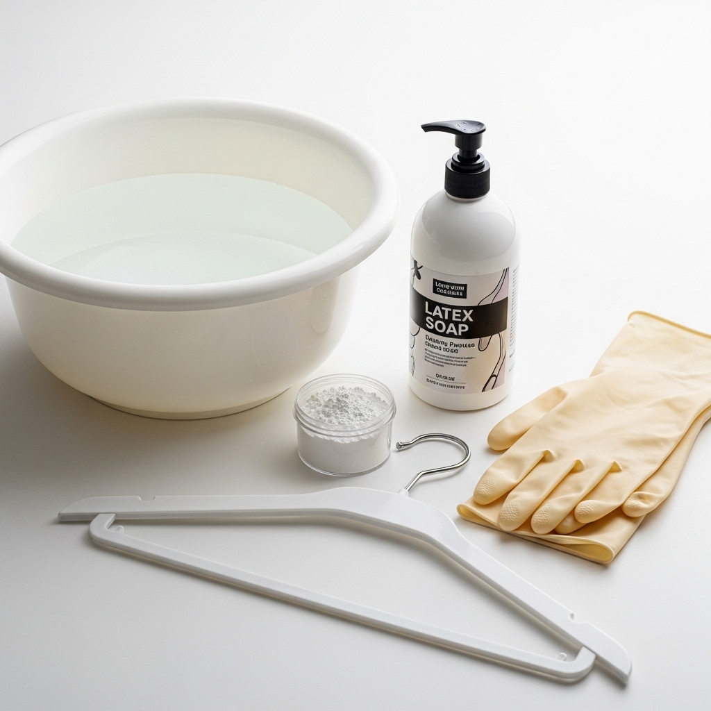Matériel essentiel pour nettoyer le latex : bassin, savon spécial, talc, gants et cintre
