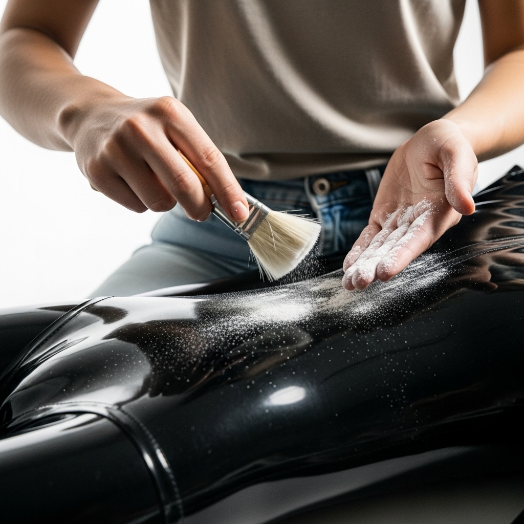 Application de talc sur une tenue en latex pour le rangement après nettoyage